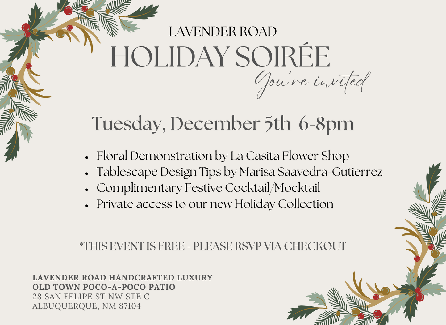 Holiday Soirée: Tuesday, December 5th 6-8pm (FREE)