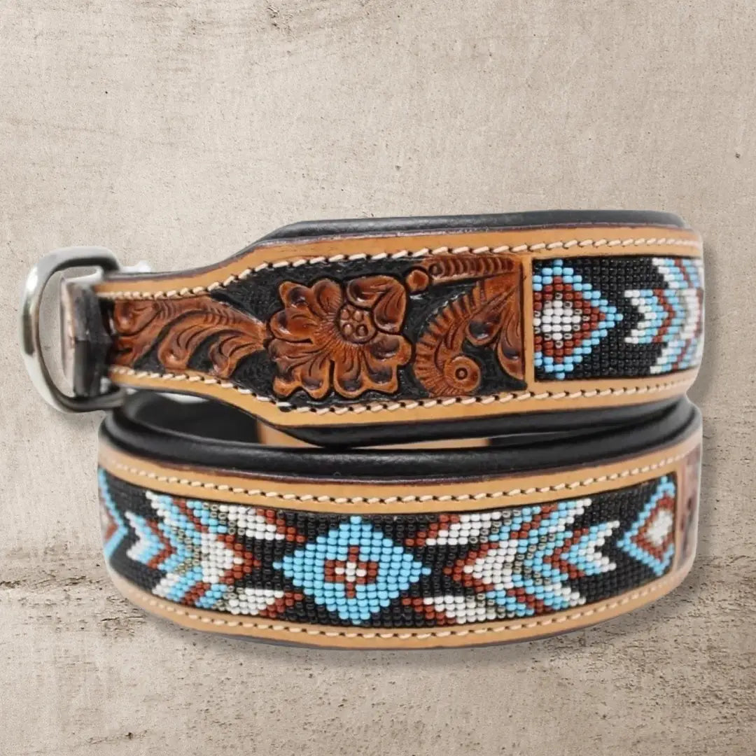 Southwestern Tooled Leather Beaded Dog Collar