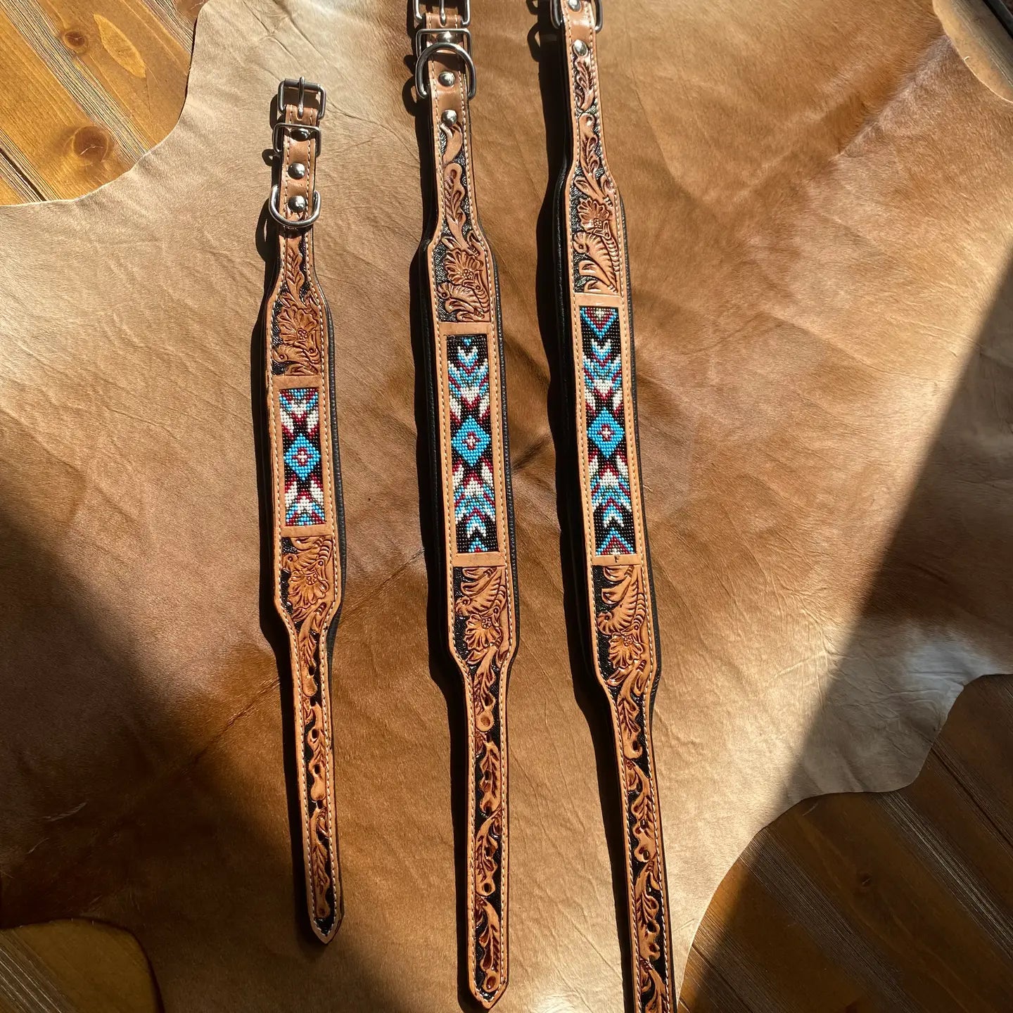 Southwestern Tooled Leather Beaded Dog Collar