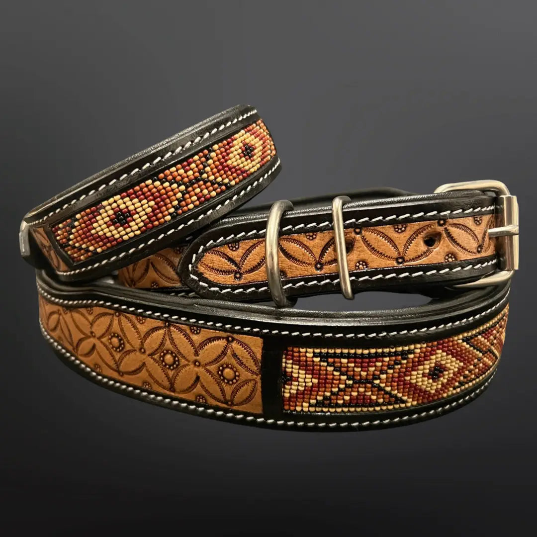 Southwestern Tooled Leather Beaded Dog Collar