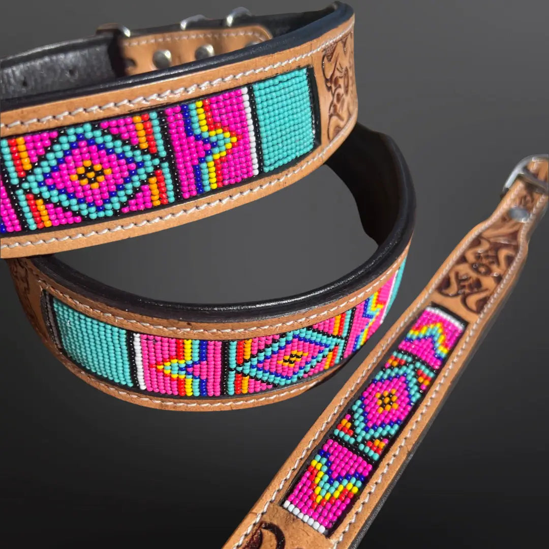 Southwestern Tooled Leather Beaded Dog Collar