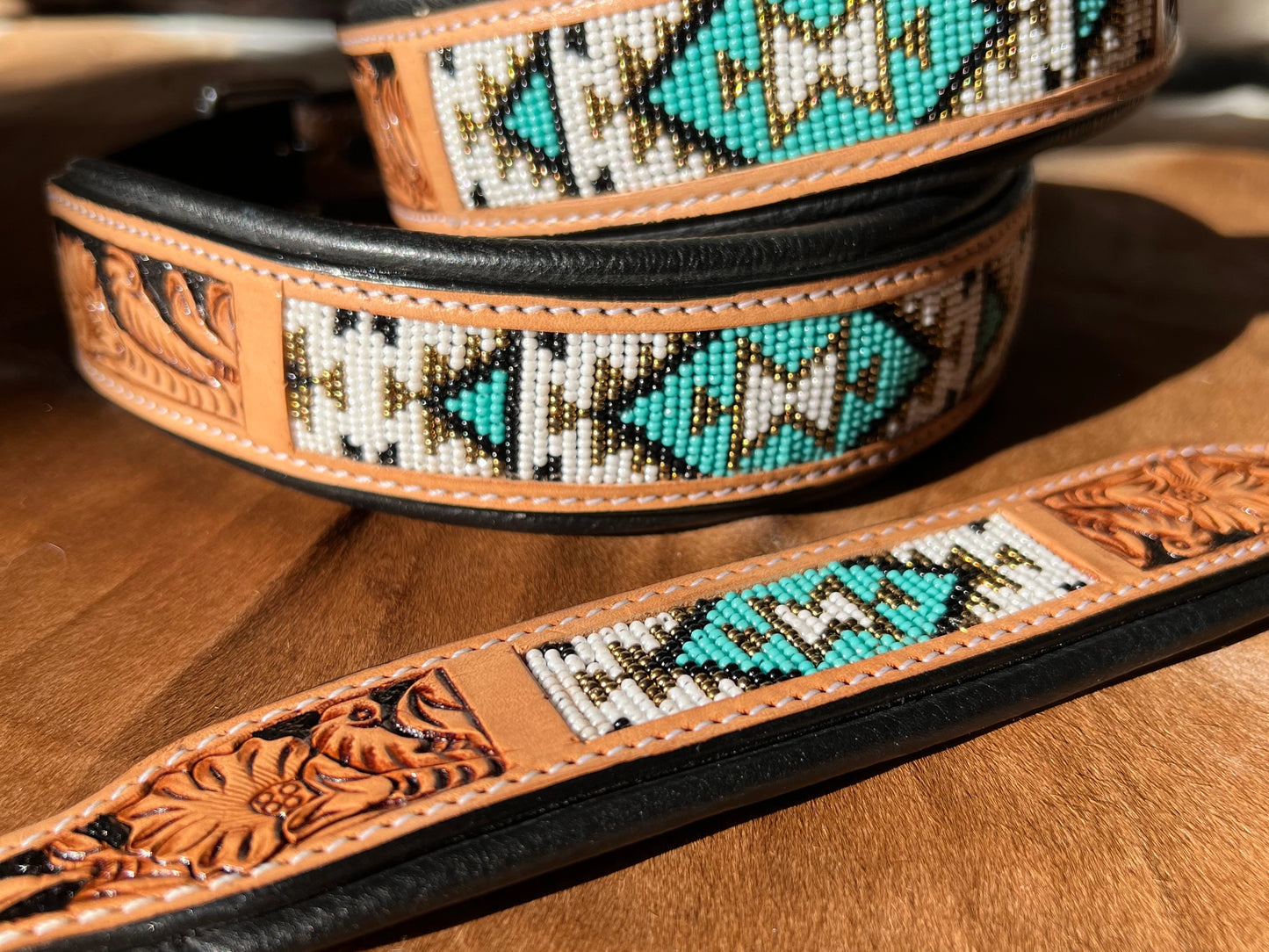 Southwestern Tooled Leather Beaded Dog Collar