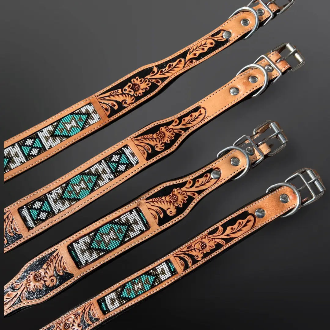 Southwestern Tooled Leather Beaded Dog Collar