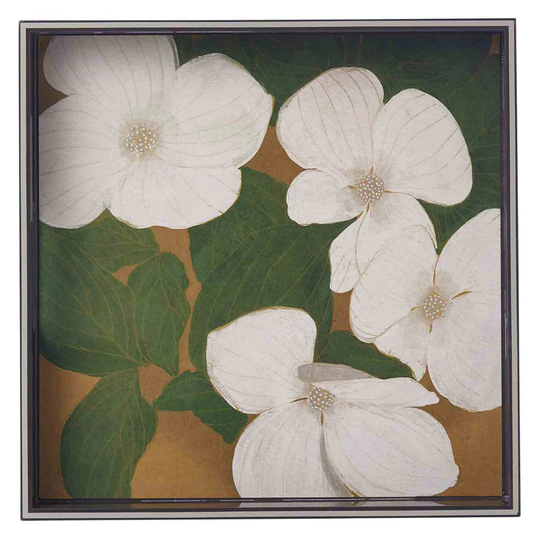 WHITE DOGWOOD 15" SQUARE LACQUER ART SERVING TRAY